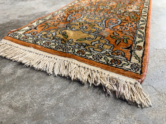 Antique Hand-Knotted 100% Kashmiri Silk Rug - 1’x4’