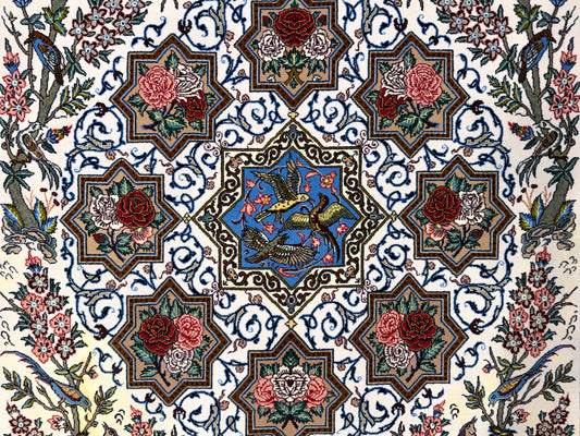 Hand-Knotted Persian Isfahan Rug -Garden of Birds- Signed Fakharian - 4’9”x7’2”