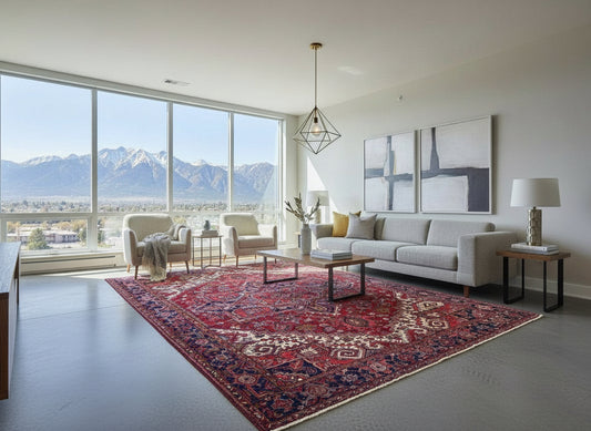 9’4”x11’8” Vintage Hand-Knotted Wool Heriz Persian Rug 9x11 Red Handmade Carpet