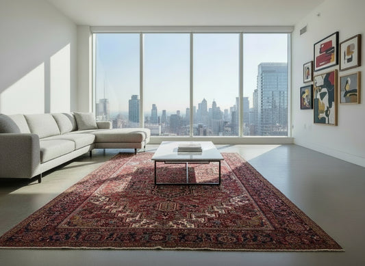 9’7”x13’ Vintage Hand-Knotted Wool Heriz Persian Rug 9x13 Red Handmade Carpet