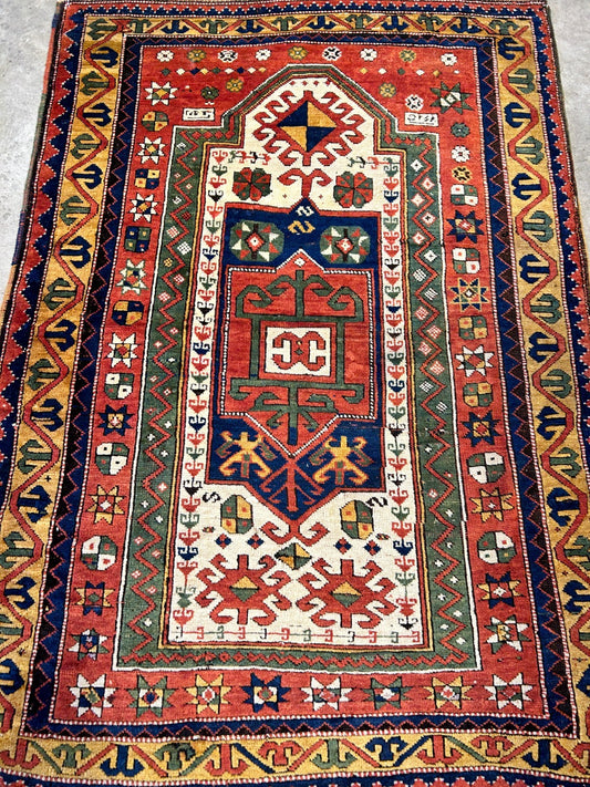 Collector Item - 3'4"x5'6" Antique Hand-Knotted 100% Wool Pile Kazak Rug