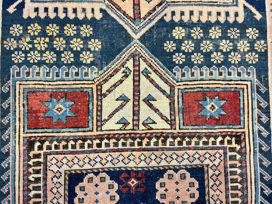 Collector Item - 3'4"x4'4" Antique Hand-Knotted 100% Wool Pile Russian Kazak Rug