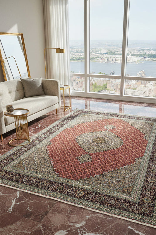 6'6"x9'6" Fine Hand-Knotted Wool & Silk Blend Tabrize Mahi Carpet - Area Rug