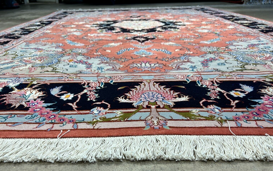 7'x10' Fine Hand-Knotted Wool & Silk Tabrize Rug - Area Carpet