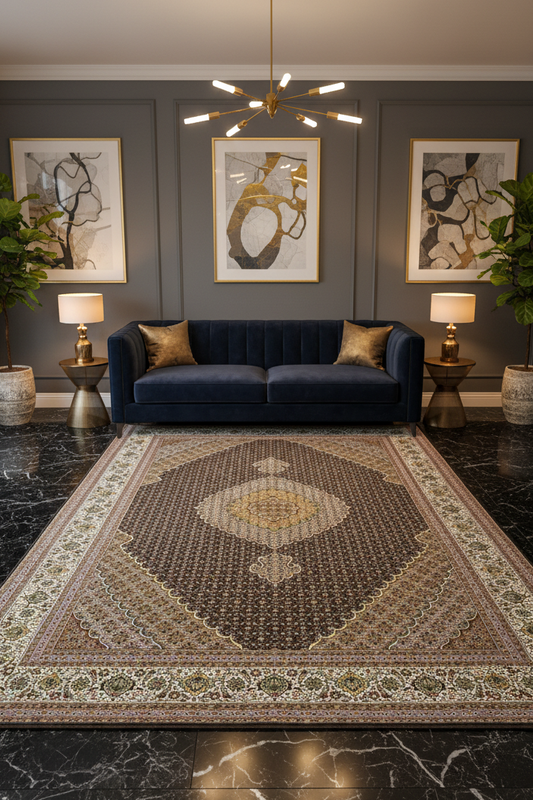 6'10"x10'5" Fine Hand-Knotted Wool & Silk Blend Tabrize Mahi Carpet - Area Rug