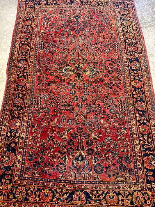 4'3"x6'9" Antique Hand-Knotted 100% Wool Pile Sarouke Area Rug - Carpet