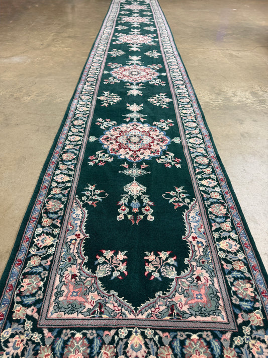 2’5”x18’ Hand-Knotted Wool SinoPersian Kerman Oriental Runner Handmade Green Carpet