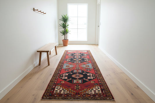 3’11”x13’2” Vintage Hand-Knotted Wool Hamadan Runner