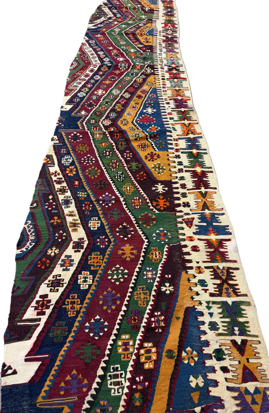 2’9”x14’10” Antique Hand-Woven Wool Flatweave Kilim Runner 2x14 Handmade Tribal Rug