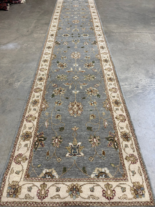 2’7”x12’3” Hand-Knotted Wool Chobi Oriental Runner Handmade Gray Carpet