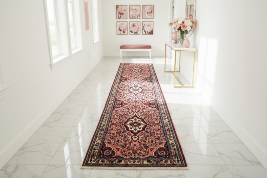 Hand-Knotted Hamadan Runner - 2'9"x10' - 3x10 runner pink salmon tribal floral