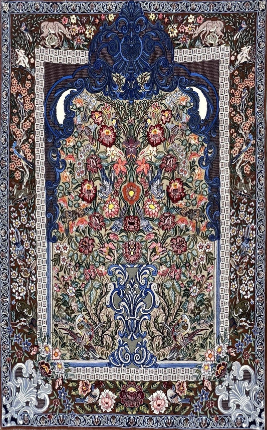 3’9”x5’11” Hand-Knotted Fine Wool & Silk Isfahane Pictorial Area Rug - Carpet