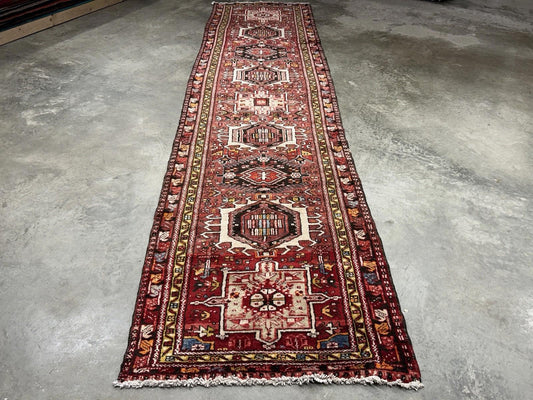 3'3”x12’2” Antique Hand-knotted Wool Herize Runner Rug - Handmade Red 3x12