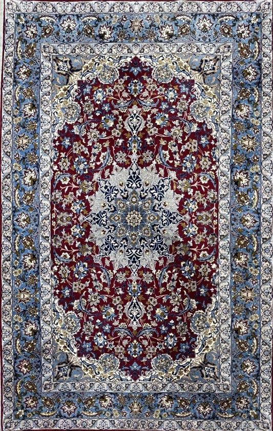 3’7”x5’3” Hand-Knotted Fine Wool & Silk Isfahane Area Rug - Handmade Carpet 3x5