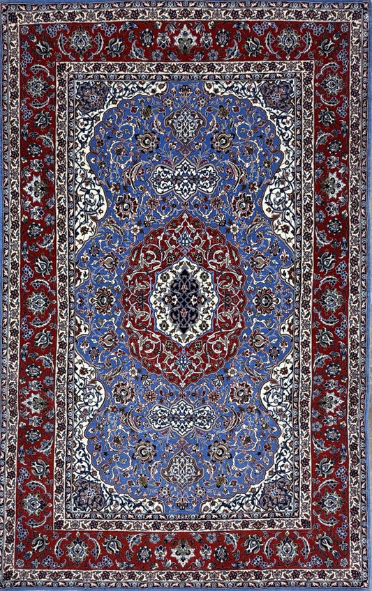 4’6”x7’9” Hand-Knotted Fine Wool & Silk Isfahane Area Rug - Blue 4x8