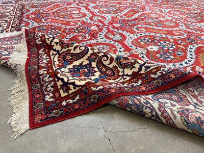 10’2”x14’2” Very Fine Vintage Hand-Knotted Wool Isfahan Persian Rug 10x14 Red All-Over Handmade Carpet