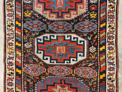 4'4"x6'4" Antique Hand-knotted Wool Geometric Caucasian Area Rug - Russian 4x6