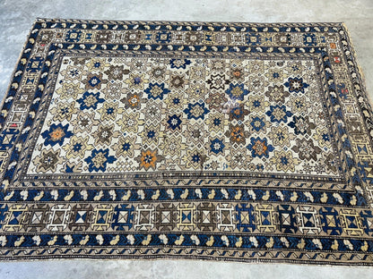 3'9"x5' Antique Hand-knotted Wool Caucasian Area Rug - Handmade 4x5 Carpet