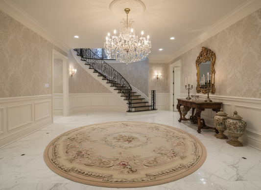 8’2” Diameter Antique Handwoven Wool French Aubusson Round Flatweave Rug 8x8 Handmade Carpet