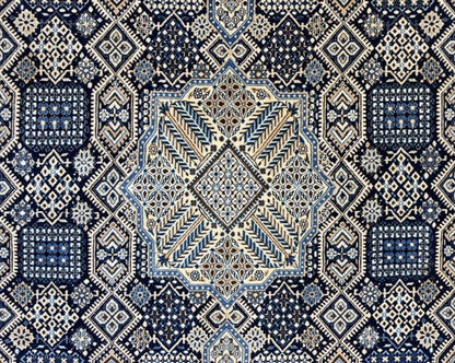 5’2”x8’9” Hand-Knotted Fine Wool & Silk Naine Area Rug - Beige & Blue Geometric