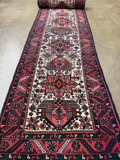 3’1”x18’4” Hand-Knotted Wool Heriz Persian Runner 3x18 Handmade Pink Rug
