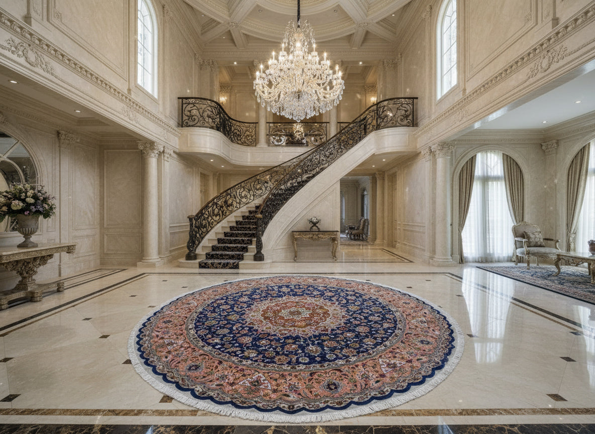 9’6” Diameter Very Fine Hand-Knotted Wool & Silk Round Tabriz Persian Rug - 9x9 Handmade Carpet