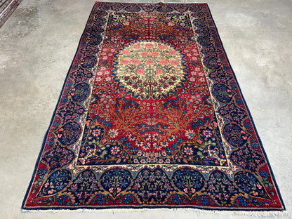 4'4"x7'6" Antique Hand-Knotted Wool Kashane Area Rug - Handmade Carpet 4x7 Red