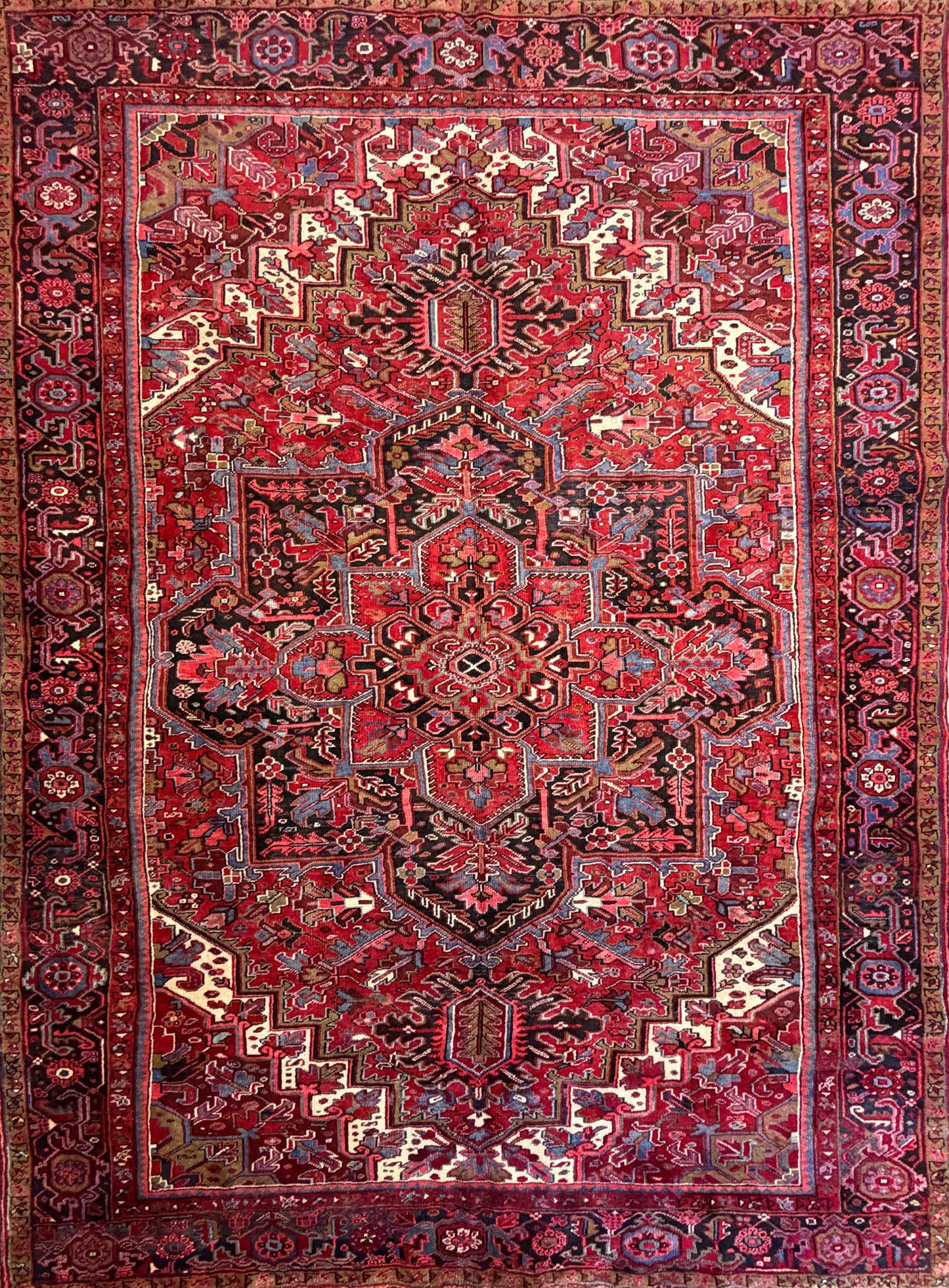 9’7”x13’ Vintage Hand-Knotted Wool Heriz Persian Rug 9x13 Red Handmade Carpet