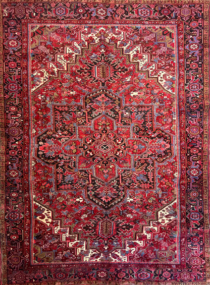 9’7”x13’ Vintage Hand-Knotted Wool Heriz Persian Rug 9x13 Red Handmade Carpet