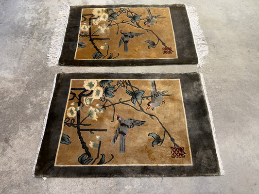Pair of Antique Hand-Knotted 100% Silk Art Deco Rugs - 2’x3’