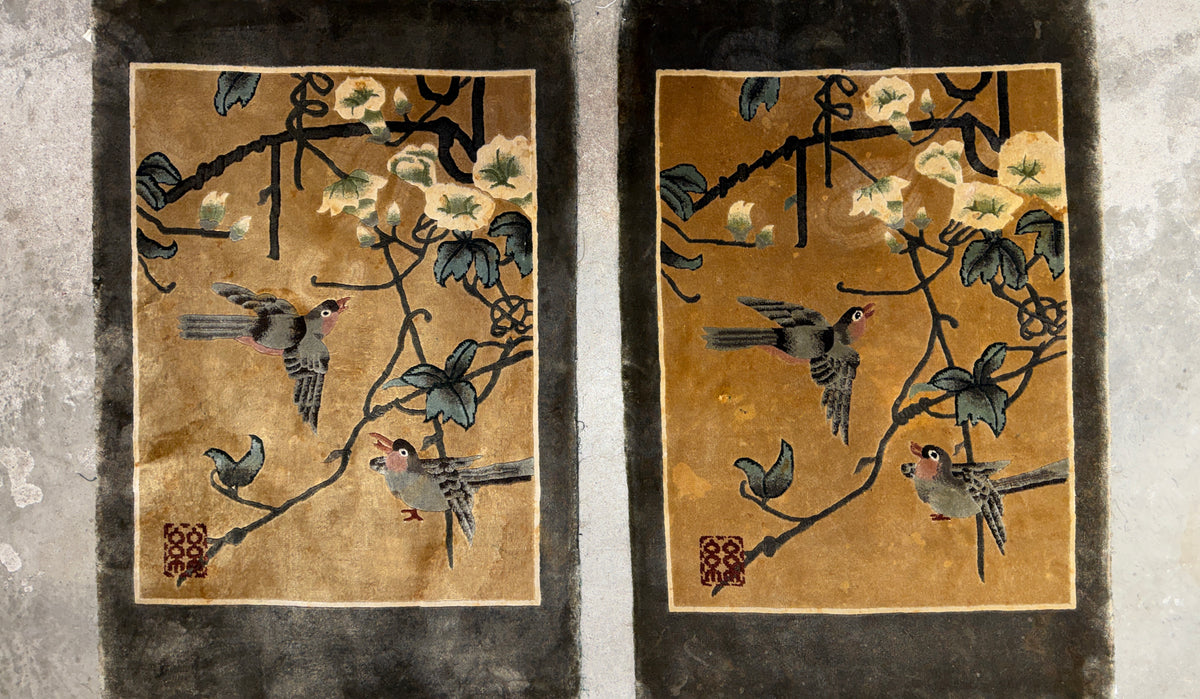 Pair of Antique Hand-Knotted 100% Silk Art Deco Rugs - 2’x3’
