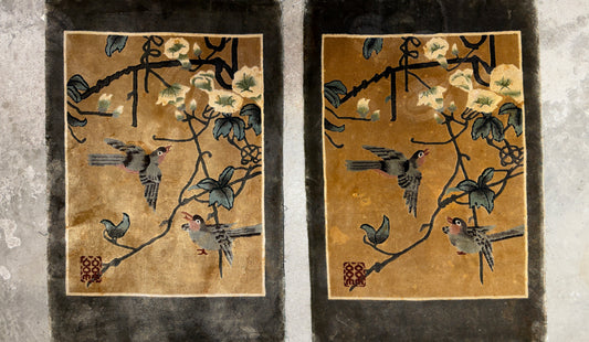 Pair of Antique Hand-Knotted 100% Silk Art Deco Rugs - 2’x3’