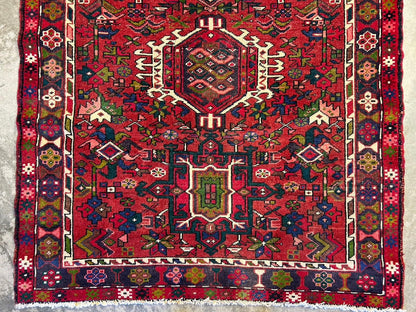 4’3”x14’1” Antique Hand-knotted Wool Herize Runner Rug - Handmade Red 4x14