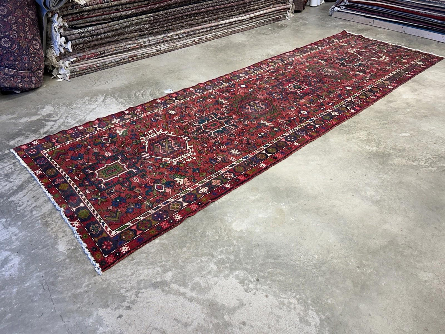 4’3”x14’1” Antique Hand-knotted Wool Herize Runner Rug - Handmade Red 4x14