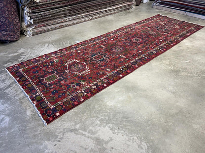 4’3”x14’1” Antique Hand-knotted Wool Herize Runner Rug - Handmade Red 4x14