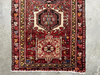 3'3”x12’2” Antique Hand-knotted Wool Herize Runner Rug - Handmade Red 3x12