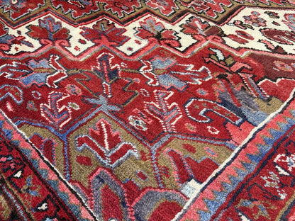 9'7"x13' Vintage Hand-Knotted Herize Rug Antique Handmade Red Oriental Geometric