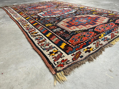 4'4"x6'4" Antique Hand-knotted Wool Geometric Caucasian Area Rug - Russian 4x6