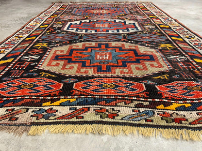 4'4"x6'4" Antique Hand-knotted Wool Geometric Caucasian Area Rug - Russian 4x6