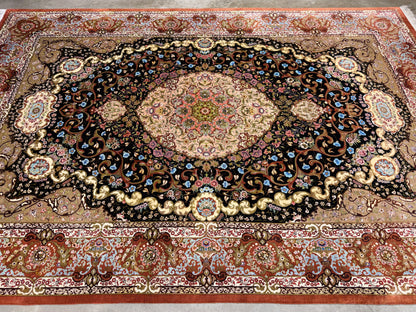 Luxurious Hand-Knotted 100% Silk Persian Qum Rug - Signed Abbaspour - 6'6"x9'6"