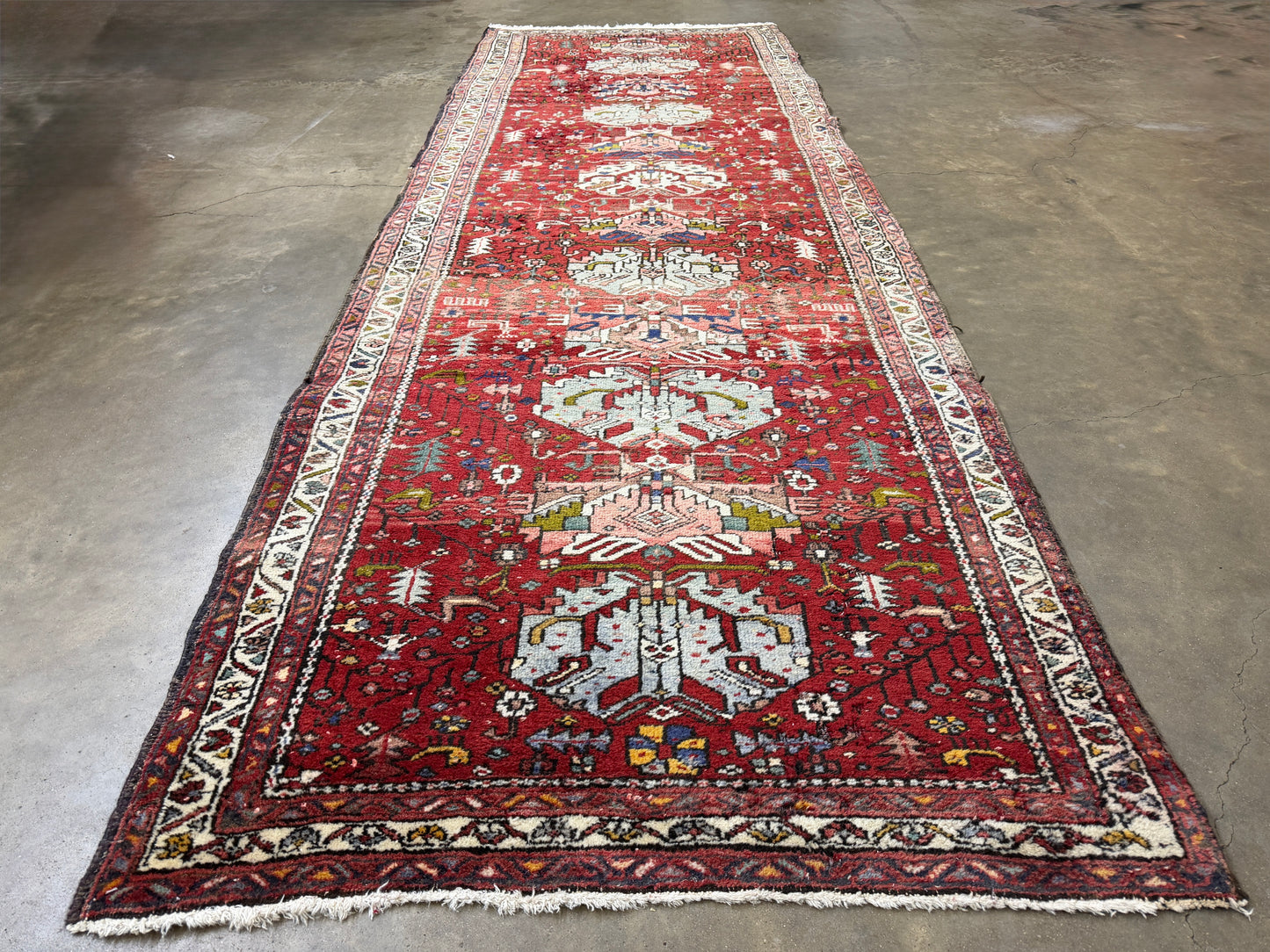 3’10”x10’10” Antique Hand-Knotted Wool Heriz Persian Runner 3x10 Handmade Red Rug