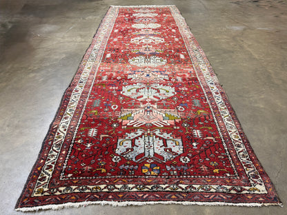 3’10”x10’10” Antique Hand-Knotted Wool Heriz Persian Runner 3x10 Handmade Red Rug