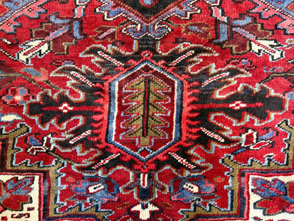 9’7”x13’ Vintage Hand-Knotted Wool Heriz Persian Rug 9x13 Red Handmade Carpet