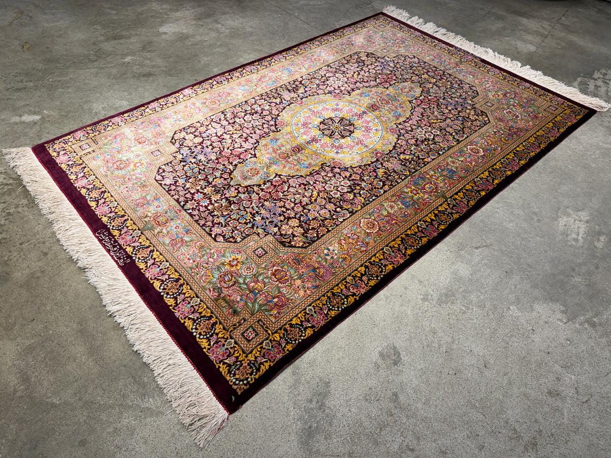 Hand-Knotted Silk Persian Qum Rug - Signed Moghaddammanesh - 3’4”x5’
