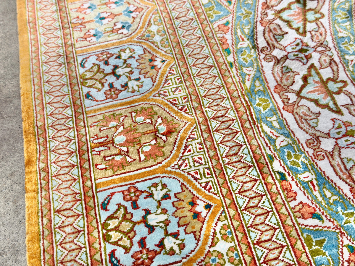 Hand-Knotted Silk Persian Qum Rug - Signed Vesal - 3’3”x4’11”