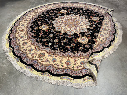 10’ Diameter Very Fine Hand-Knotted Wool & Silk Round Tabriz Persian Rug - 10x10 Handmade Carpet