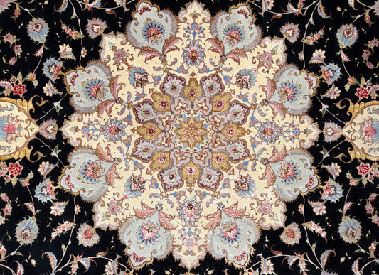 10’ Diameter Very Fine Hand-Knotted Wool & Silk Round Tabriz Persian Rug - 10x10 Handmade Carpet