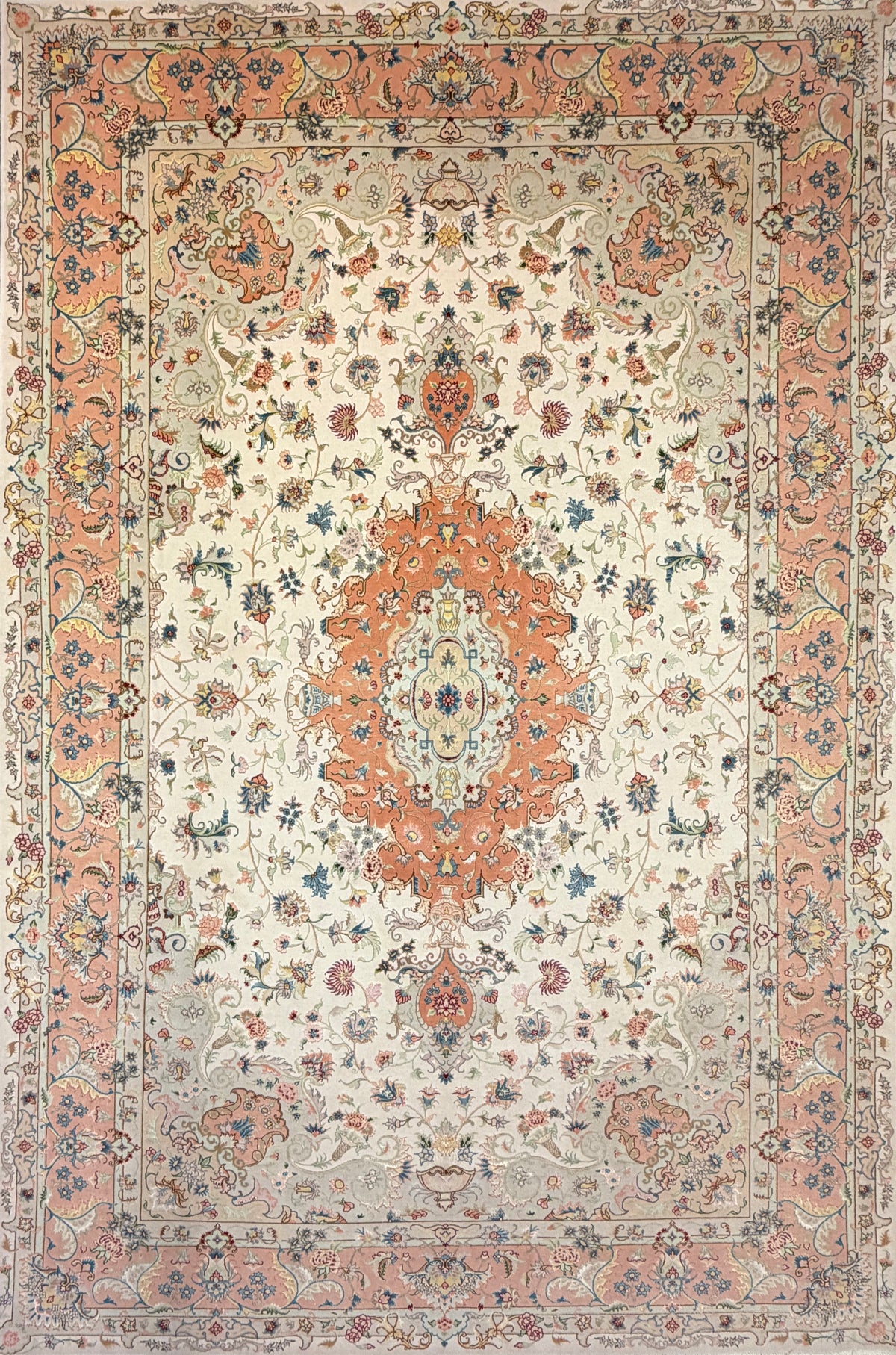 Hand-Knotted 60 Raj Persian Tabriz Rug, 6′7″x9′10″, orange medallion, cream ground, floral & vine motifs.