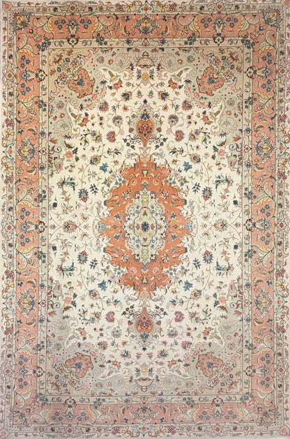 Hand-Knotted 60 Raj Persian Tabriz Rug, 6′7″x9′10″, orange medallion, cream ground, floral & vine motifs.