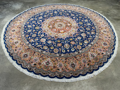 9’6” Diameter Very Fine Hand-Knotted Wool & Silk Round Tabriz Persian Rug - 9x9 Handmade Carpet